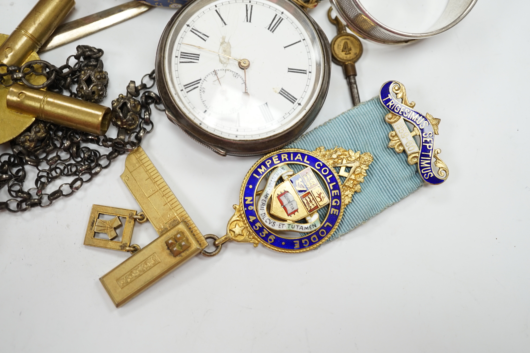 A small group of jewellery, silver and other collectables including a modern silver meat skewer, 20.6cm, silver napkin rings, Swiss 935 white metal pocket watch, unmounted cut stones, pen, opera glasses etc.